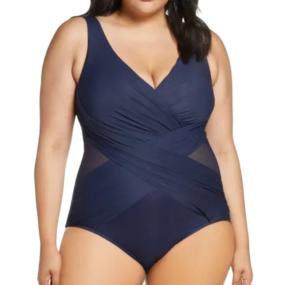 Miraclesuit Plus Size Crossover One Piece Swimsuit Midnight Blue Women's Sz 16W - Picture 1 of 8